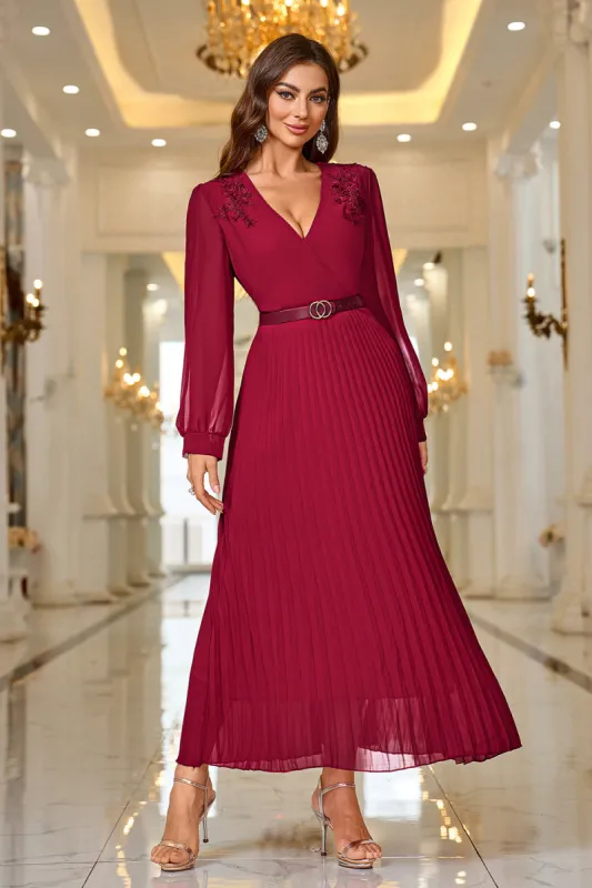 Burgundy A Line V Neck Pleated Appliques Belted Prom Dress with Long Sleeves sold by Zapaka