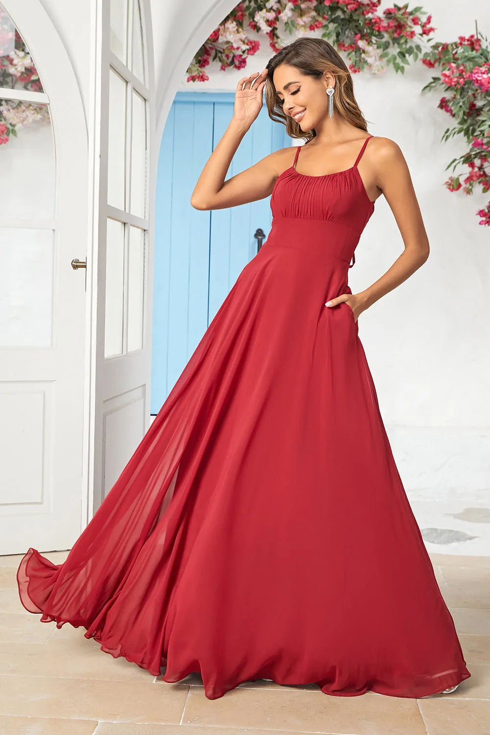 Simple A Line Spaghetti Straps Burgundy Long Bridesmaid Dress sold by Zapaka
