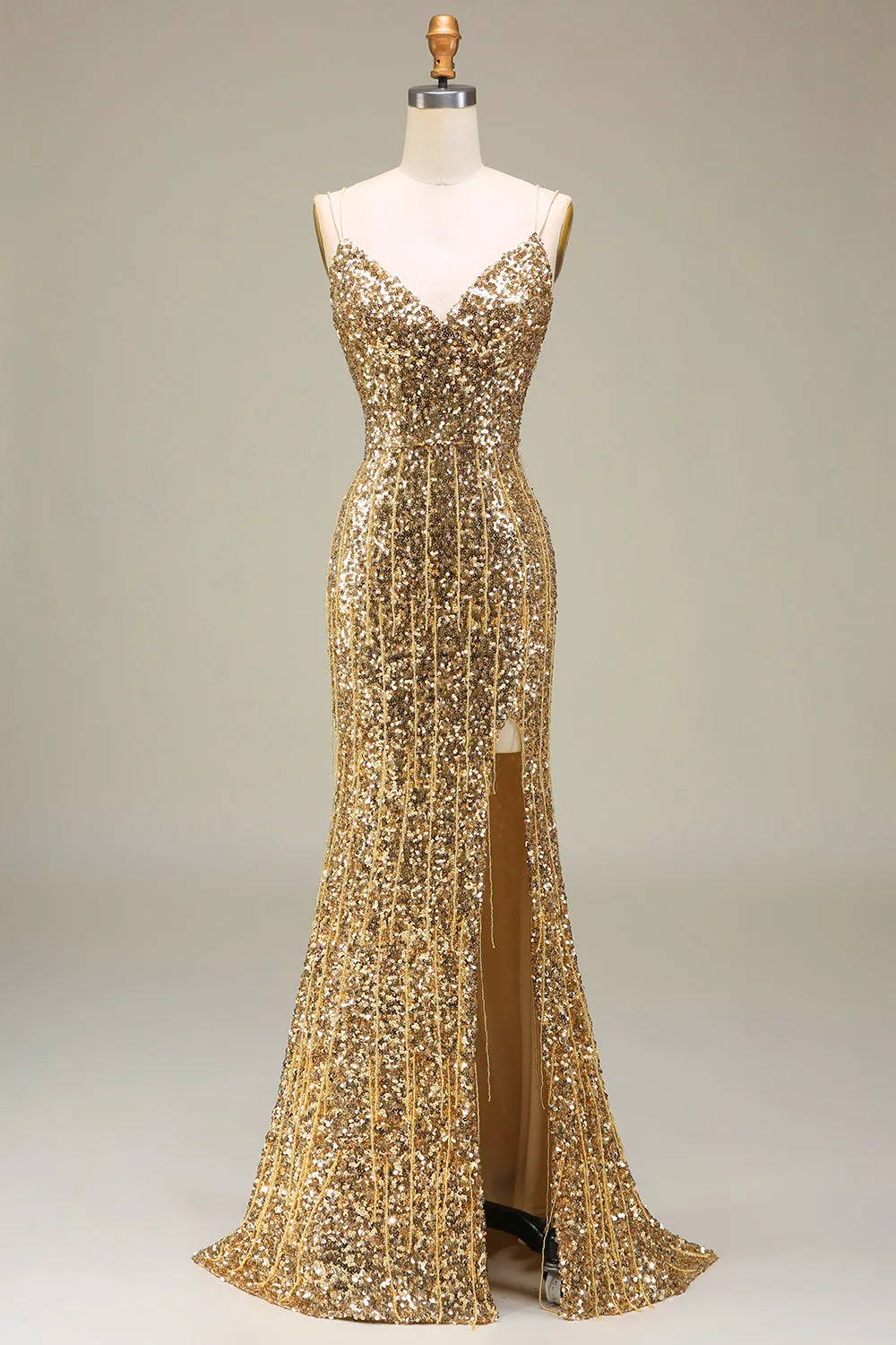Sparkly Mermaid Golden Long Prom Dress with Slit sold by Zapaka