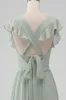 Matcha V Neck A Line Chiffon Long Bridesmaid Dress with Slit sold by Zapaka