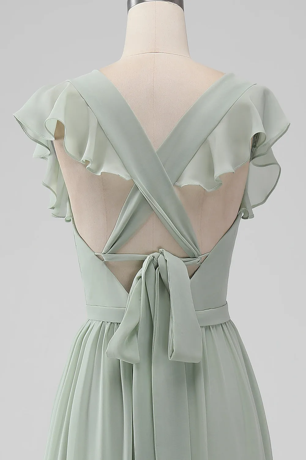 Matcha V Neck A Line Chiffon Long Bridesmaid Dress with Slit sold by Zapaka product image thumbnail 5