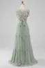 Matcha V Neck A Line Chiffon Long Bridesmaid Dress with Slit sold by Zapaka