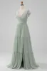 Matcha V Neck A Line Chiffon Long Bridesmaid Dress with Slit sold by Zapaka