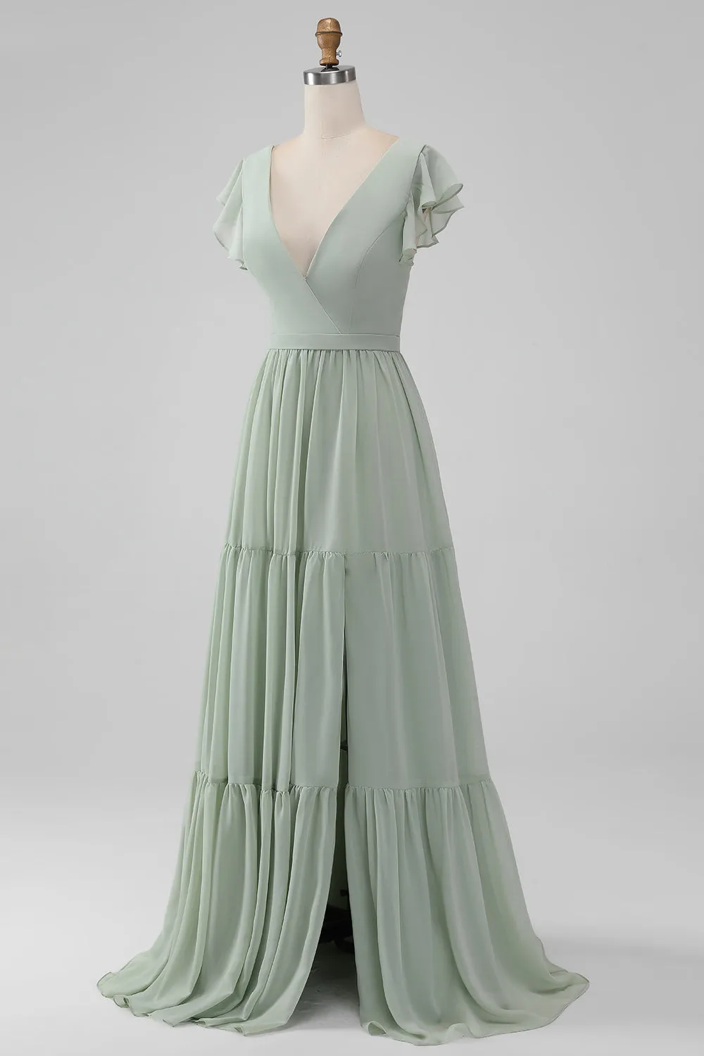 Matcha V Neck A Line Chiffon Long Bridesmaid Dress with Slit sold by Zapaka product image thumbnail 3