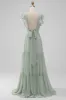 Matcha V Neck A Line Chiffon Long Bridesmaid Dress with Slit sold by Zapaka