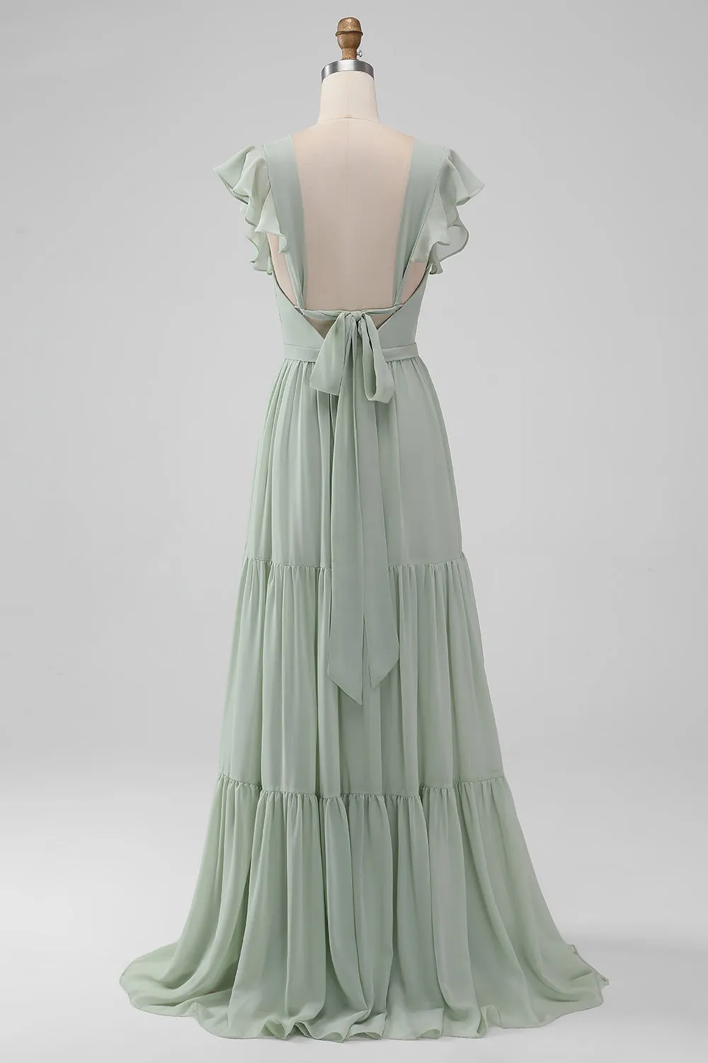 Matcha V Neck A Line Chiffon Long Bridesmaid Dress with Slit sold by Zapaka product image thumbnail 4