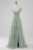 Matcha V Neck A Line Chiffon Long Bridesmaid Dress with Slit sold by Zapaka