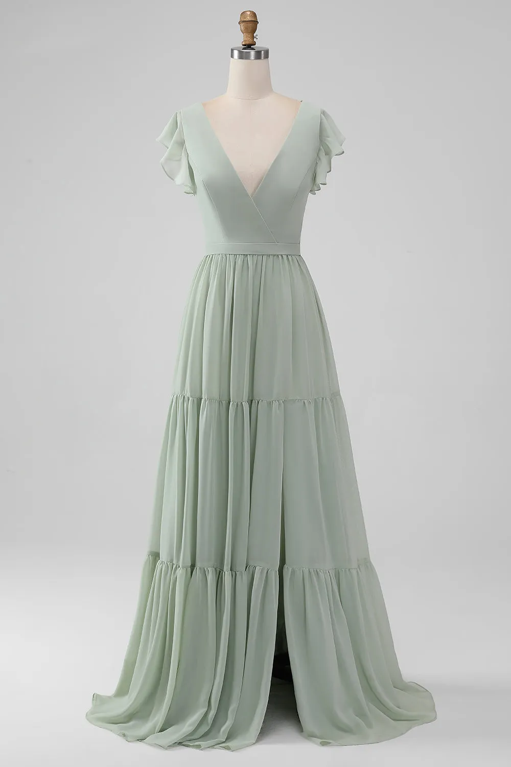 Matcha V Neck A Line Chiffon Long Bridesmaid Dress with Slit sold by Zapaka