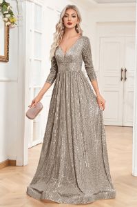 A-Line Glitter Long Mother of the Bride Dress with 3/4 Sleeves sold by Zapaka