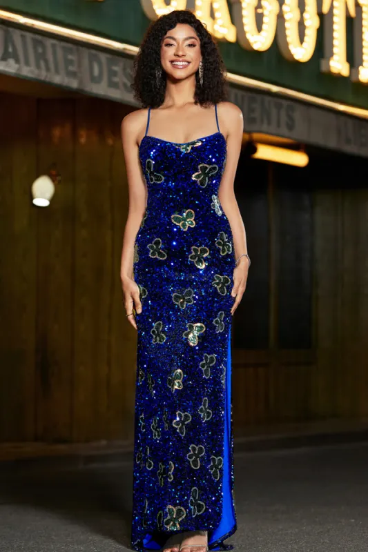 Sparkly Mermaid Spaghetti Straps Royal Blue Sequins Long Prom Dress with Criss Cross Back sold by Zapaka
