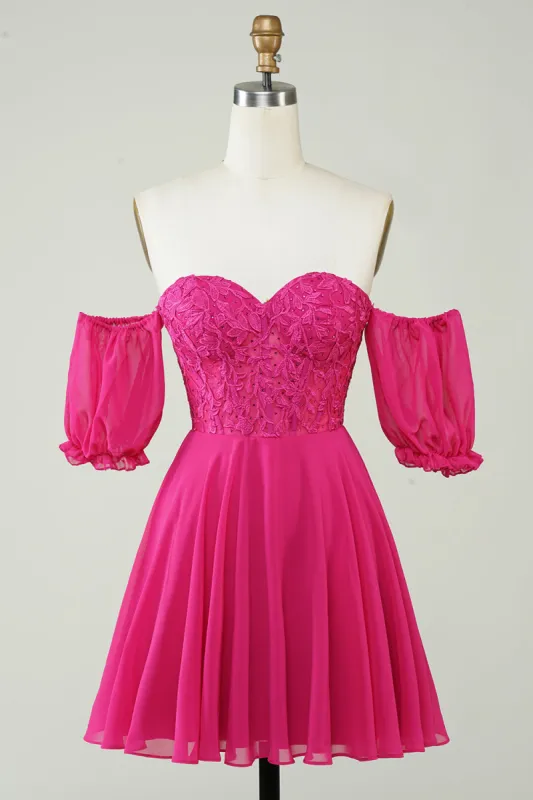 Fuchsia Corset A-Line Chiffon Short Homecoming Dress with Lace sold by Zapaka