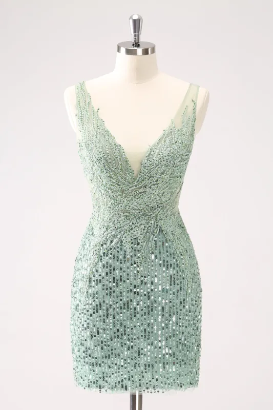 Sparkly Green V-Neck Tight Short Homecoming Dress with Sequins sold by Zapaka