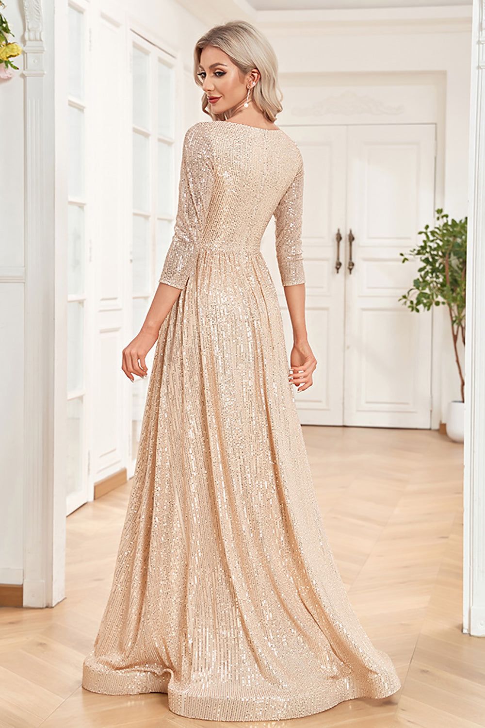 A-Line Glitter Long Mother of the Bride Dress with 3/4 Sleeves sold by Zapaka product image thumbnail 2
