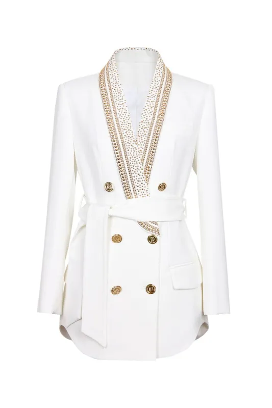 Glitter White Double Breasted Women Blazer with Rivet sold by Zapaka