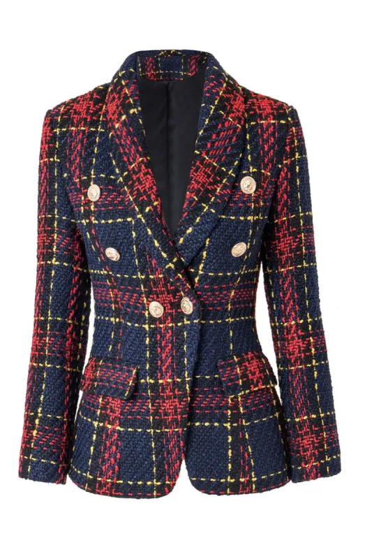 Blue Red Slim Retro Lapel Plaid Women Blazer sold by Zapaka