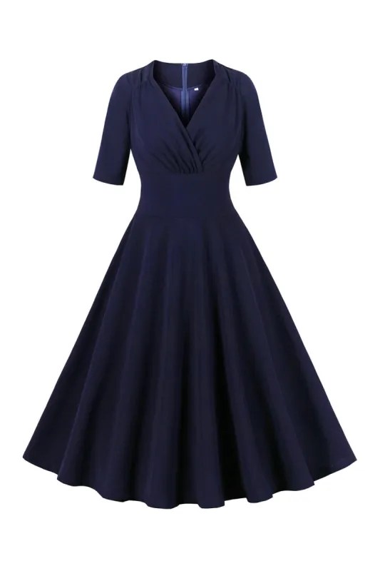 Navy Half Sleeves V Neck 1950s Dress sold by Zapaka