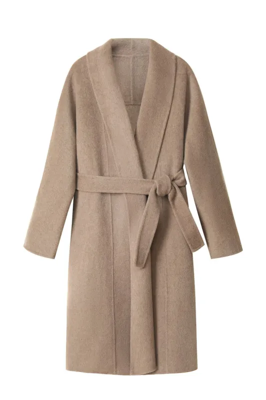 Khaki Shawl Lapel Long Women Coat with Belt sold by Zapaka