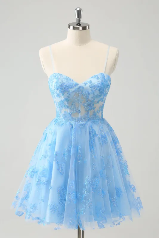 Blue A Line Spaghetti Straps Corset Glow In The Dark Homecoming Dress sold by Zapaka