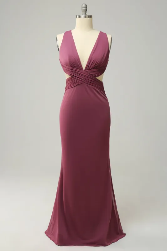 Sheath Deep V Neck Desert Rose Long Plus Size Bridesmaid Dress with Split Front sold by Zapaka
