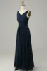 Navy V Neck Sleeveless A Line Long Bridesmaid Dress sold by Zapaka