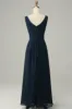 Navy V Neck Sleeveless A Line Long Bridesmaid Dress sold by Zapaka