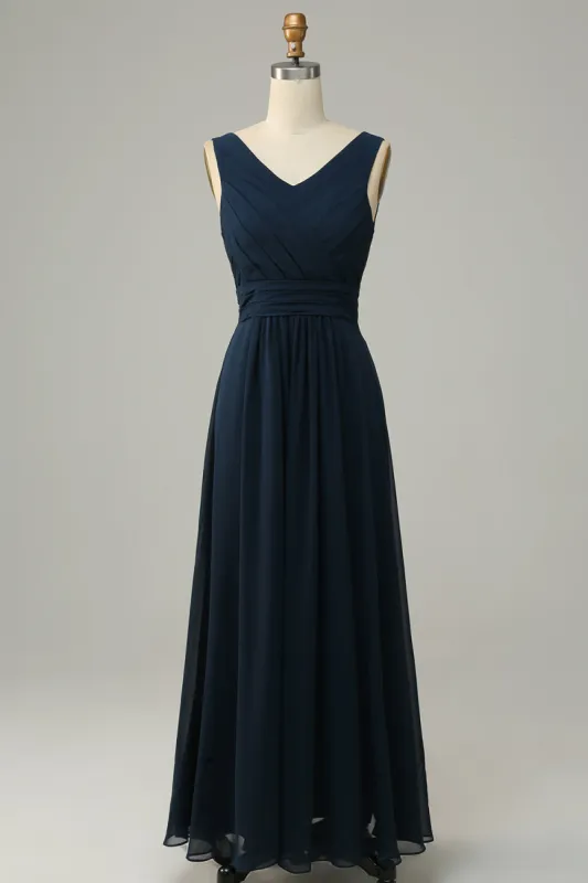 Navy V Neck Sleeveless A Line Long Bridesmaid Dress sold by Zapaka