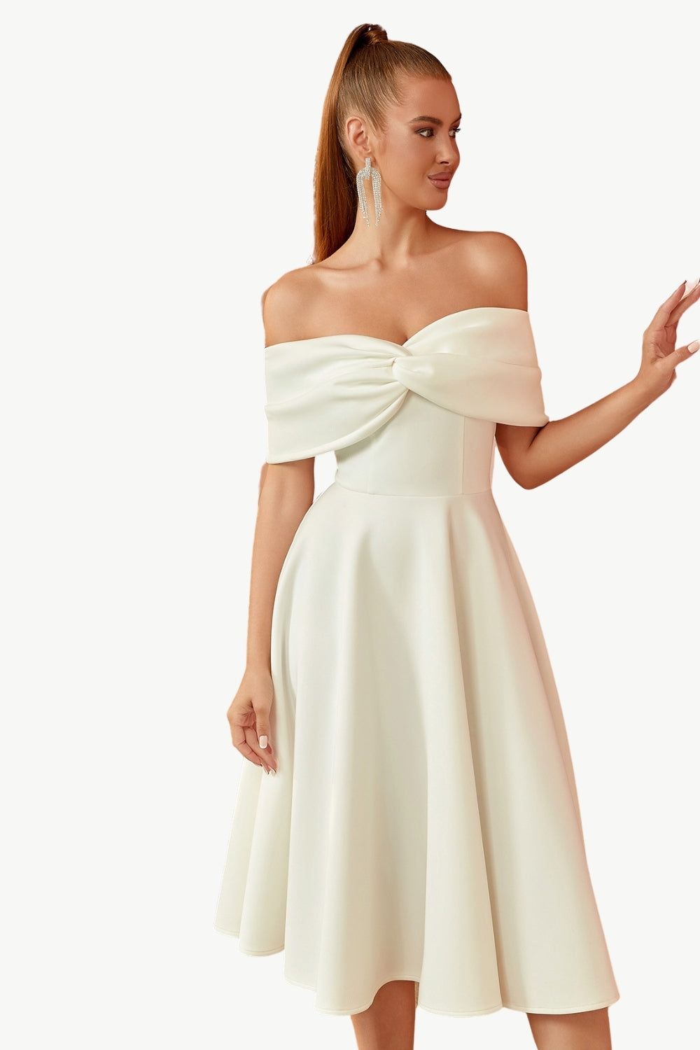 A Line Off The Shoulder Ivory Midi Cocktail Dress sold by Zapaka product image thumbnail 3