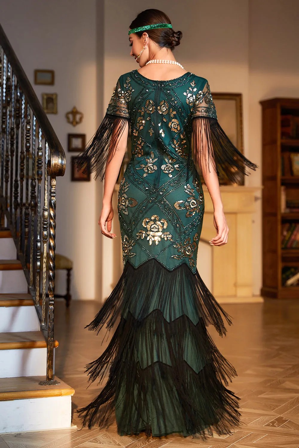 Dark Green Sequined Fringed Long 1920s Gatsby Dress with Accessories Set sold by Zapaka product image thumbnail 3