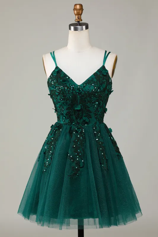 Stylish A Line Spaghetti Straps Dark Green Short Homecoming Dress with Appliques Beading sold by Zapaka