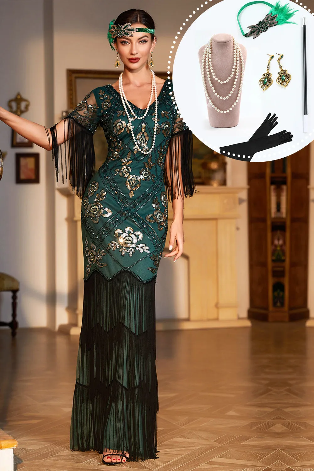 Dark Green Sequined Fringed Long 1920s Gatsby Dress with Accessories Set sold by Zapaka