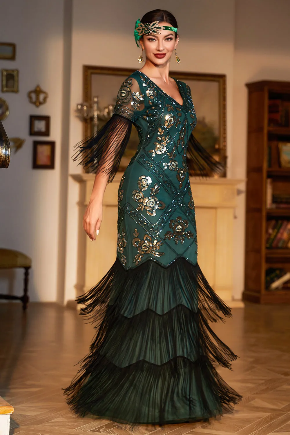 Dark Green Sequined Fringed Long 1920s Gatsby Dress with Accessories Set sold by Zapaka product image thumbnail 5