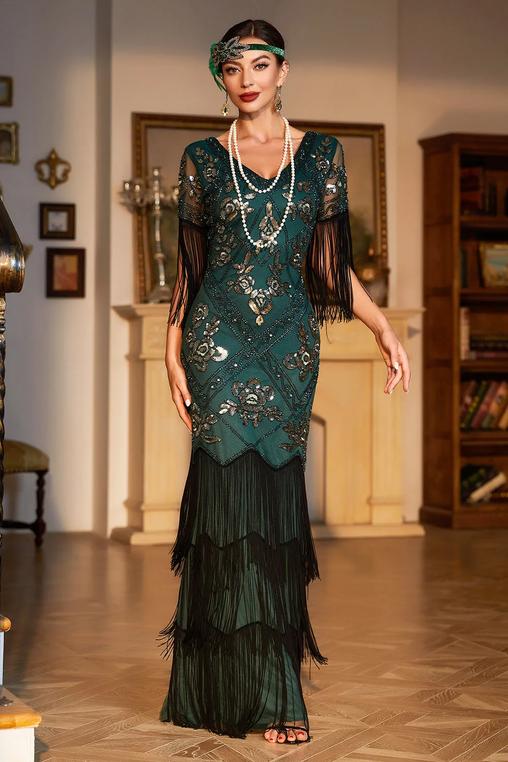 Dark Green Sequined Fringed Long 1920s Gatsby Dress with Accessories Set sold by Zapaka product image thumbnail 2