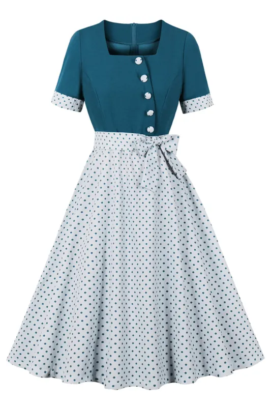 Blue White Polka Dots Square Neck Vintage 1950s Dress sold by Zapaka