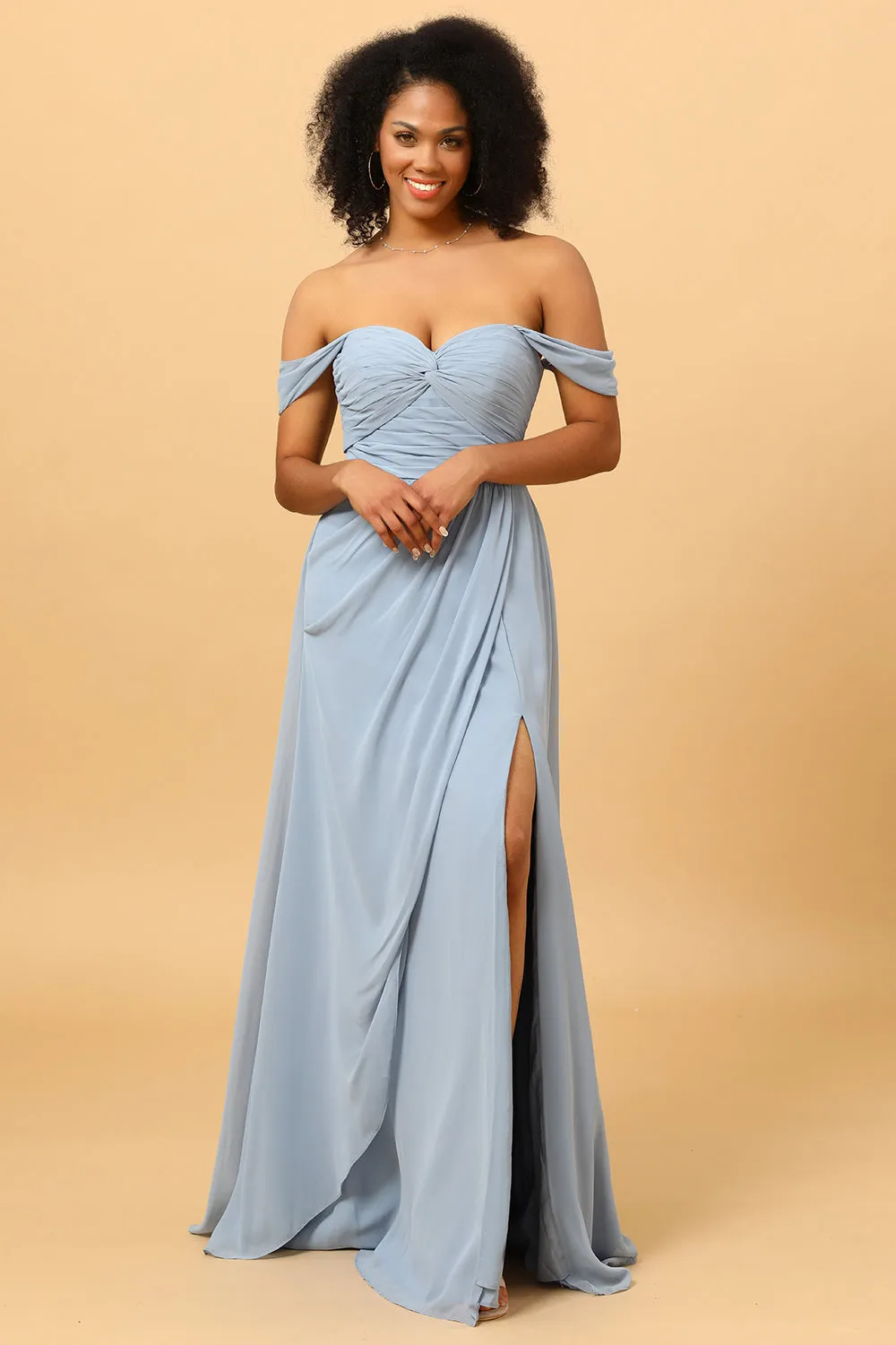 Off Shoulder Chiffon Blue Bridesmaid Dress with Slit sold by Zapaka product image thumbnail 3