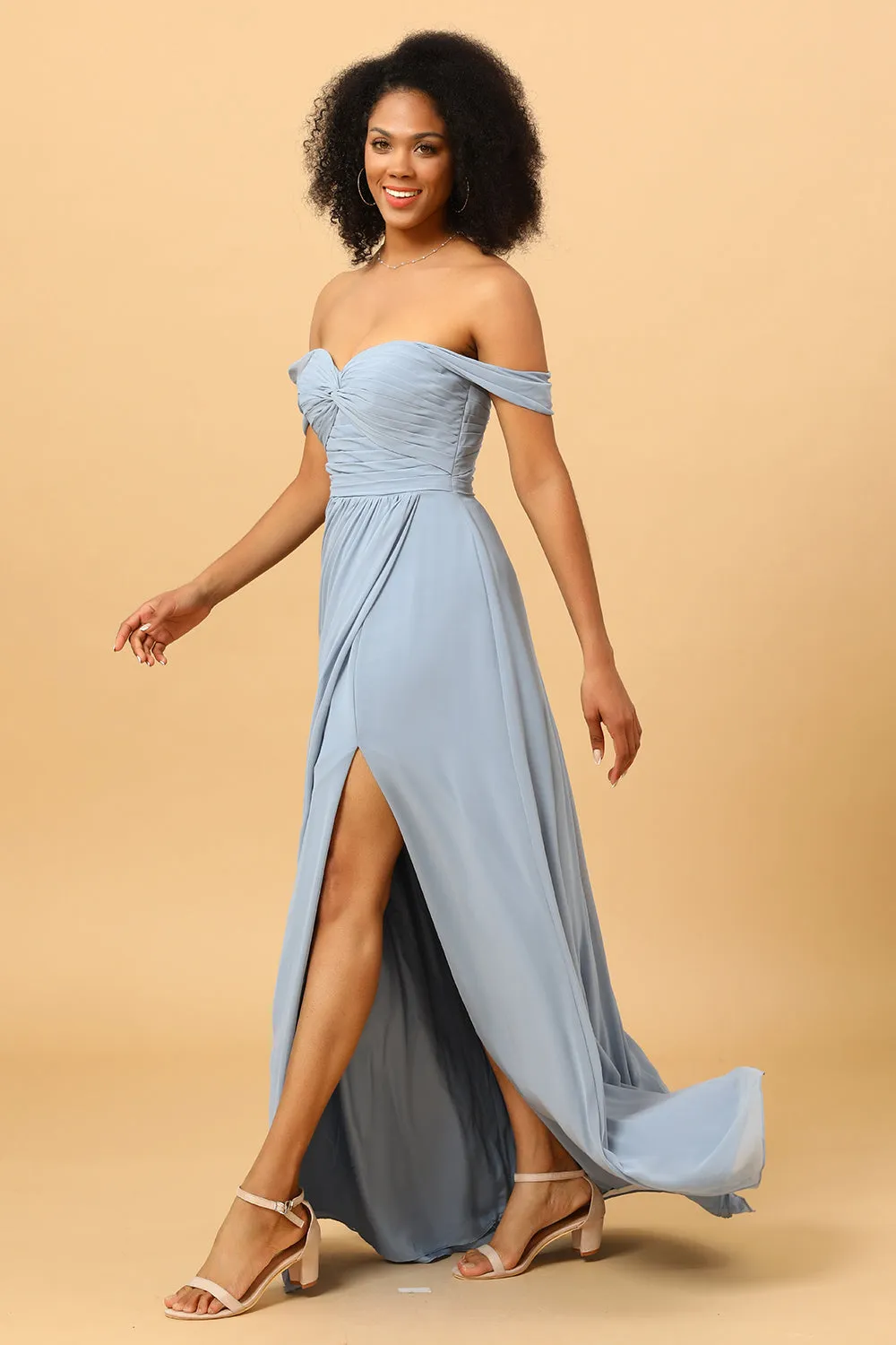 Off Shoulder Chiffon Blue Bridesmaid Dress with Slit sold by Zapaka product image thumbnail 5