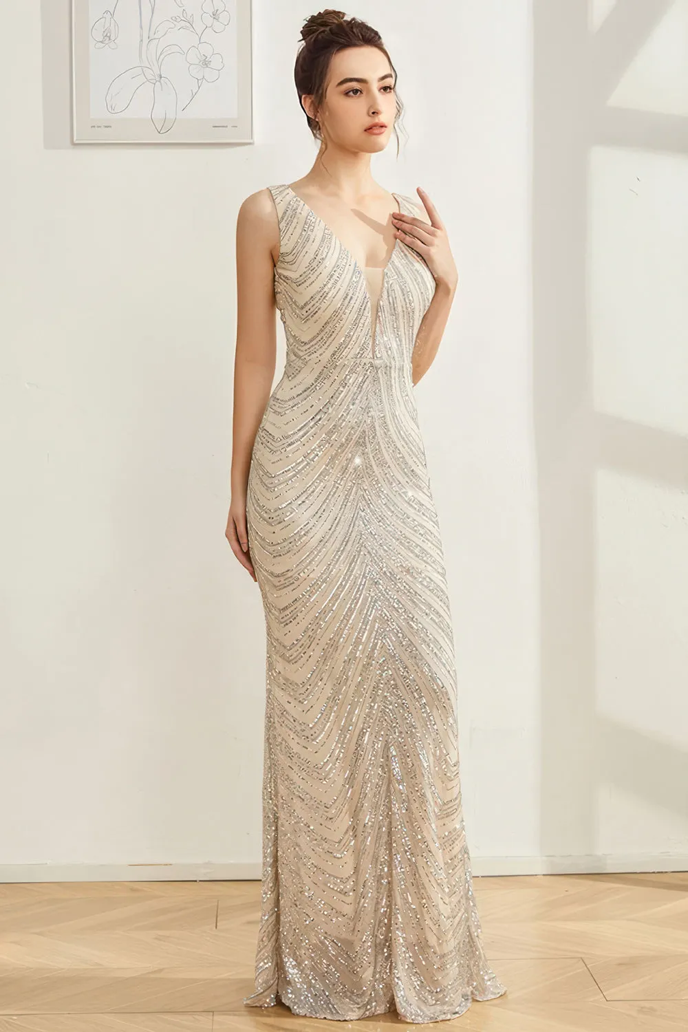 Sparkly Silver Mermaid V Neck Long Prom Dress sold by Zapaka product image thumbnail 3
