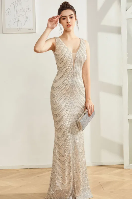Sparkly Silver Mermaid V Neck Long Prom Dress sold by Zapaka