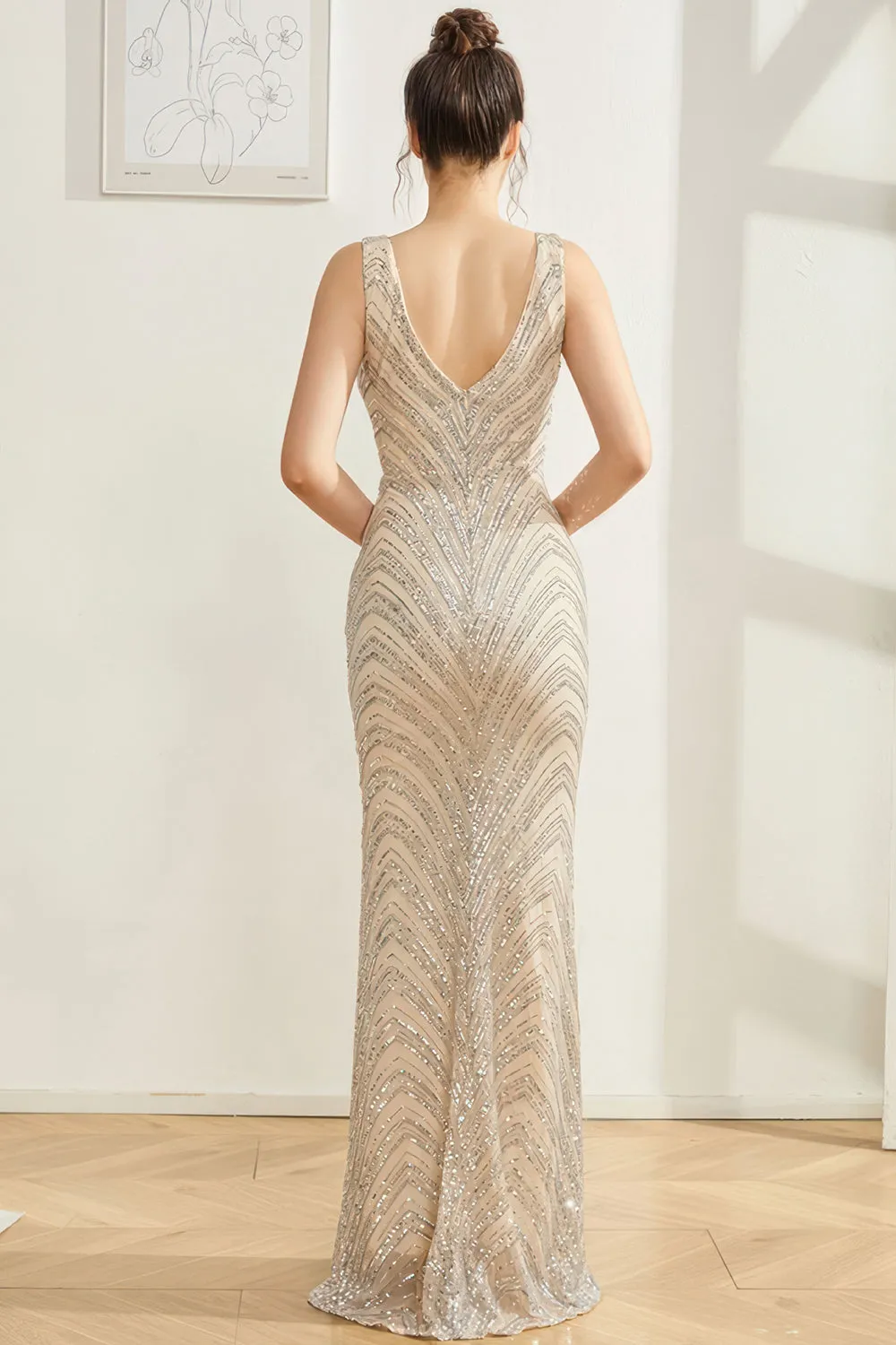 Sparkly Silver Mermaid V Neck Long Prom Dress sold by Zapaka product image thumbnail 2