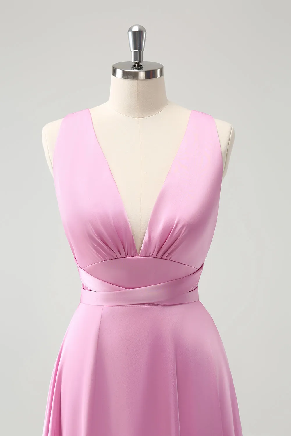 Pink A Line V-Neck Backless Bridesmaid Dress with Slit sold by Zapaka product image thumbnail 4
