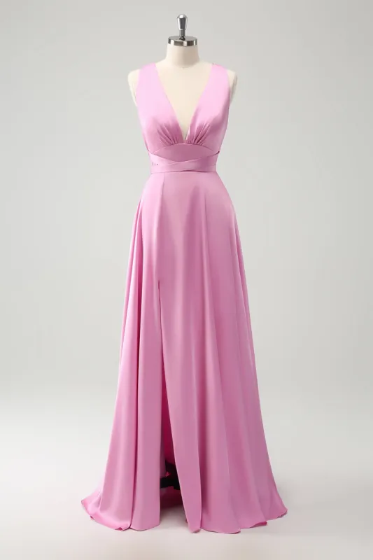 Pink A Line V-Neck Backless Bridesmaid Dress with Slit sold by Zapaka