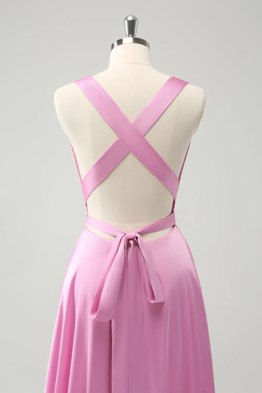Pink A Line V-Neck Backless Bridesmaid Dress with Slit sold by Zapaka product image thumbnail 5
