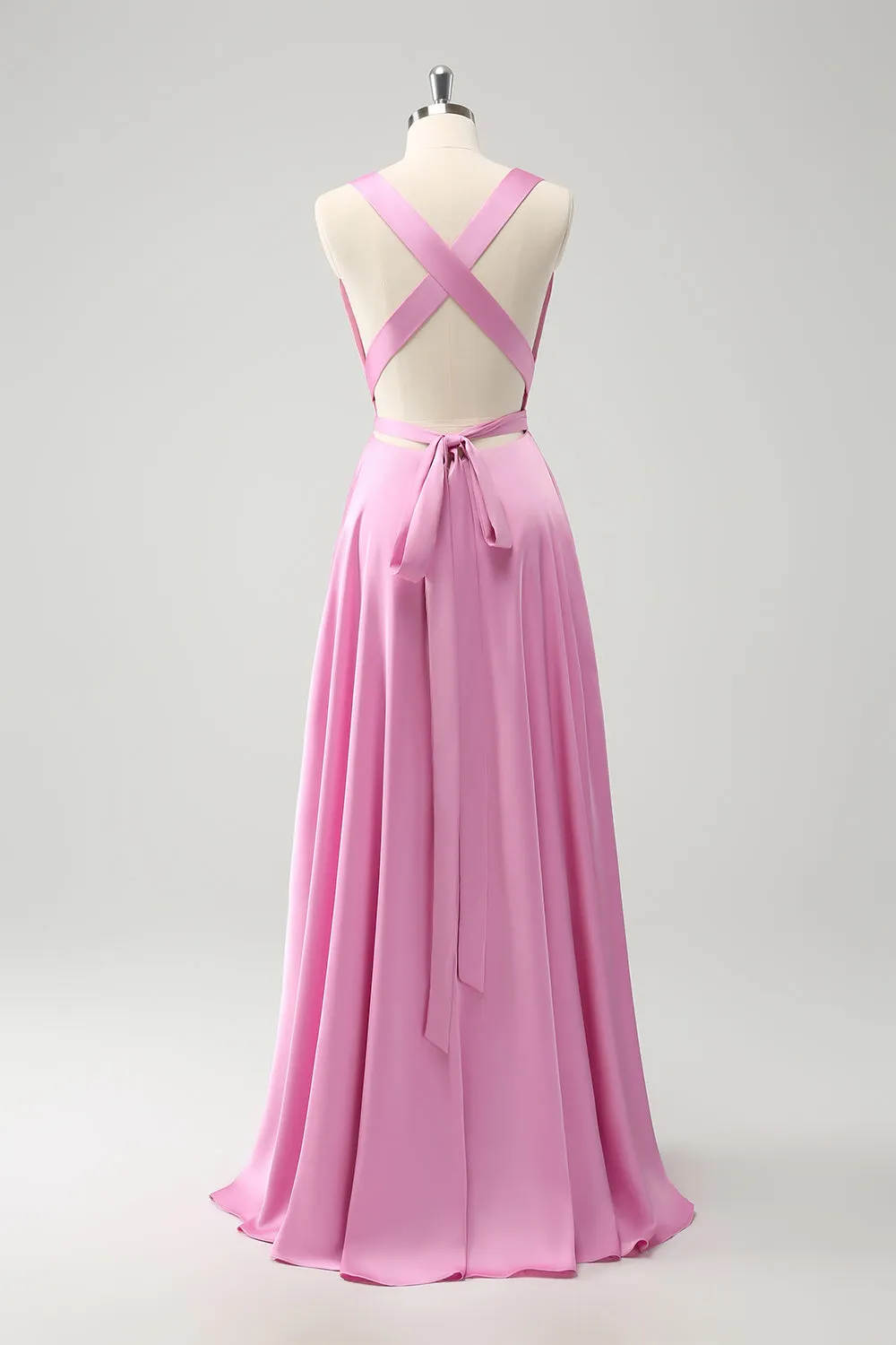 Pink A Line V-Neck Backless Bridesmaid Dress with Slit sold by Zapaka product image thumbnail 2