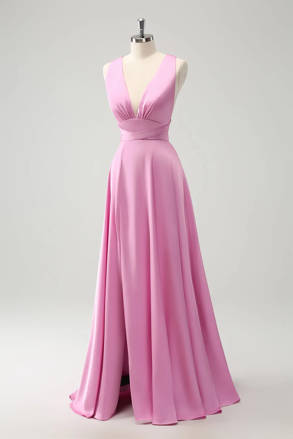 Pink A Line V-Neck Backless Bridesmaid Dress with Slit sold by Zapaka product image thumbnail 3