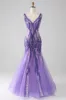 Sparkly Purple Mermaid V Neck Sequins Long Prom Dress sold by Zapaka
