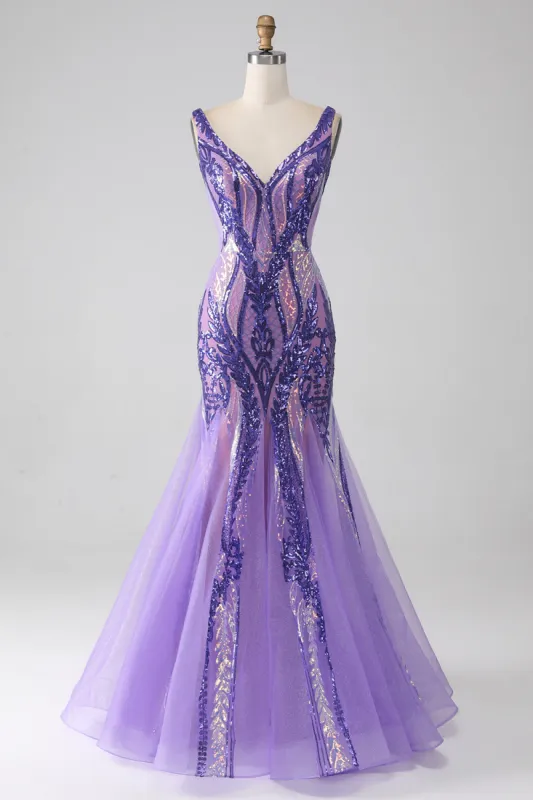 Sparkly Purple Mermaid V Neck Sequins Long Prom Dress sold by Zapaka