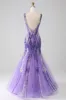 Sparkly Purple Mermaid V Neck Sequins Long Prom Dress sold by Zapaka