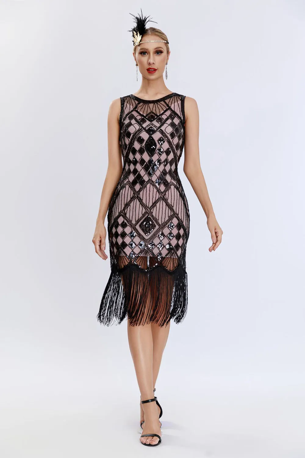 Sparkly Black Blush Fringed 1920s Gatsby Dress with 20s Accessories Set sold by Zapaka product image thumbnail 4