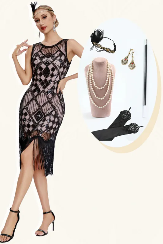 Sparkly Black Blush Fringed 1920s Gatsby Dress with 20s Accessories Set sold by Zapaka