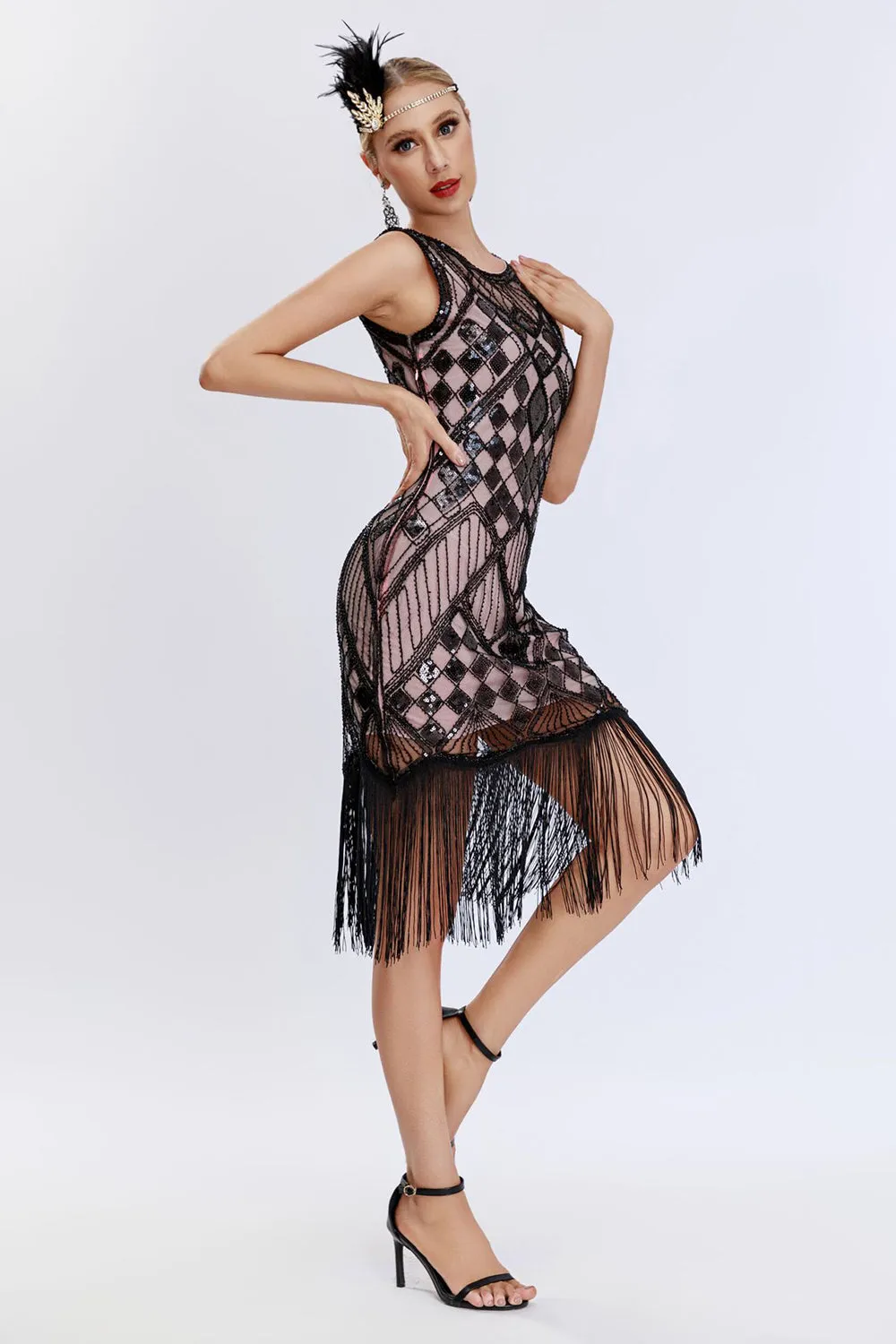 Sparkly Black Blush Fringed 1920s Gatsby Dress with 20s Accessories Set sold by Zapaka product image thumbnail 5