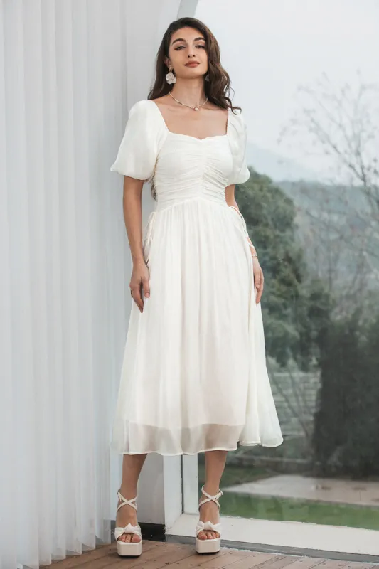 Elegant A Line Pleated White Graduation Dress with Puff Sleeves sold by Zapaka